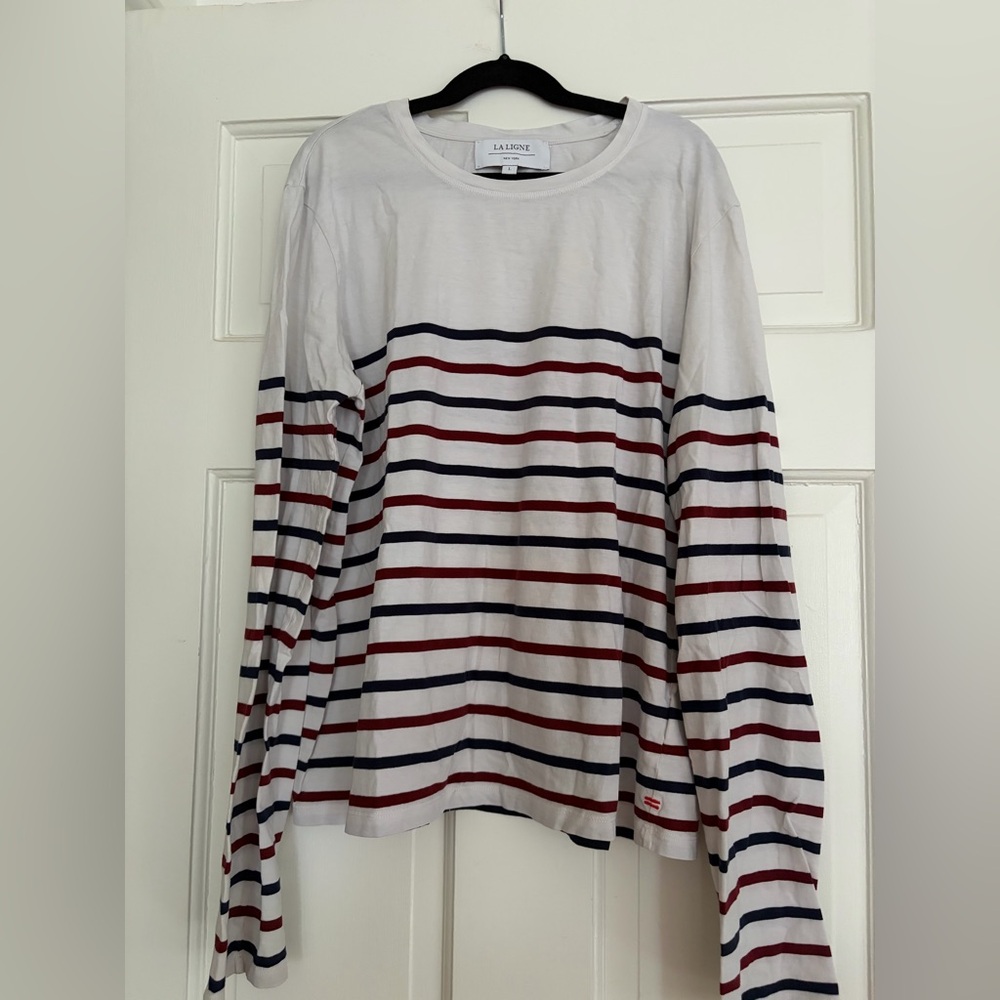 La‎ Ligne Striped Long Sleeve Tee in White with Navy & Burgundy